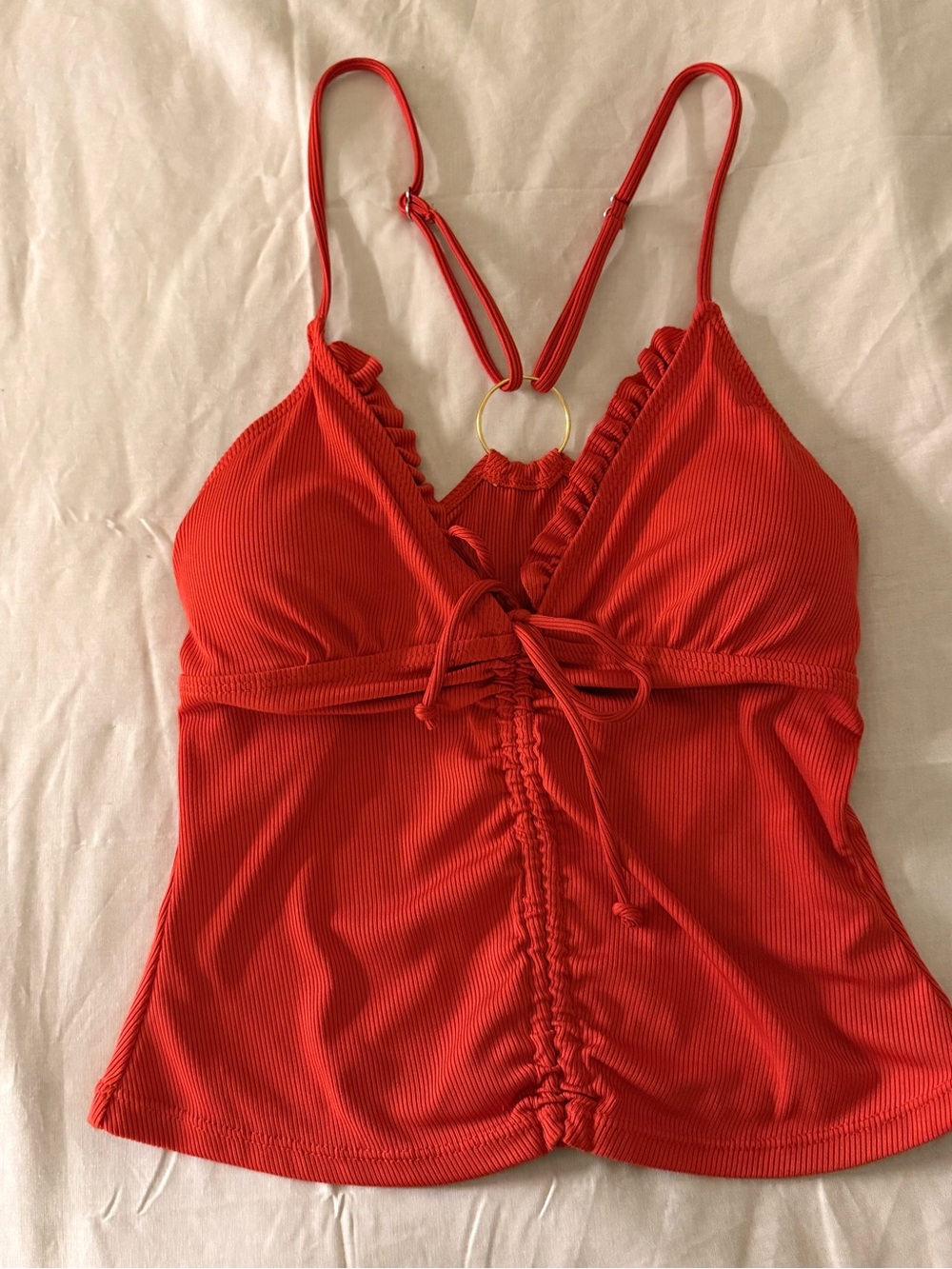 Red Ribbed Tie-Front women’s swim top